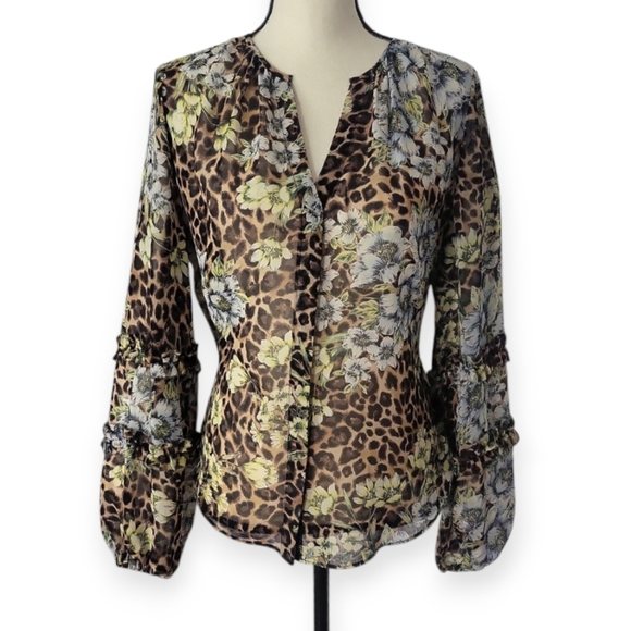 White House Black Market Leopard Floral Chiffon Blouse M - Picture 6 of 12